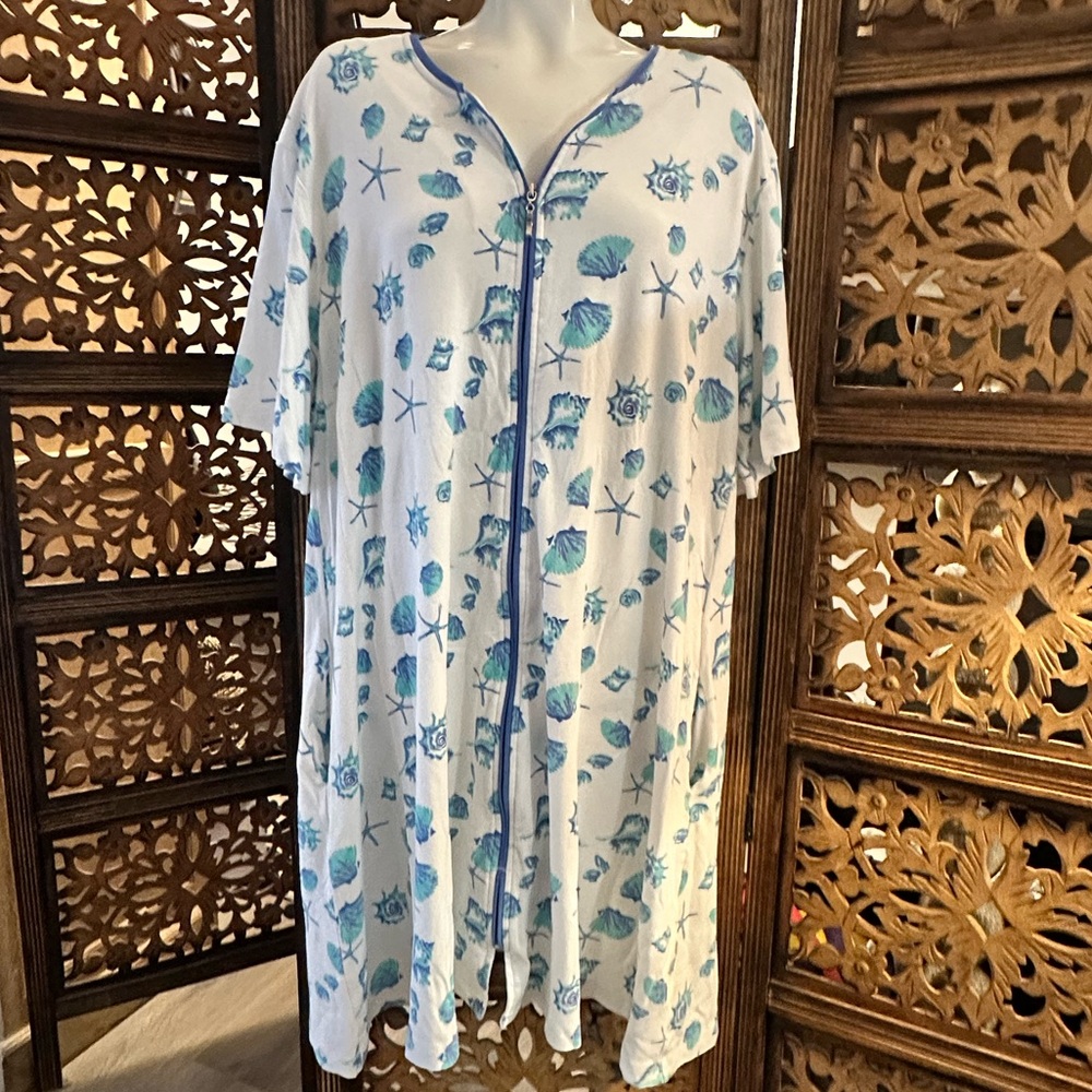 Cuddledown Pima Cotton Zip Up Blues & Greens Seashell Nightgown / Robe / Coverup